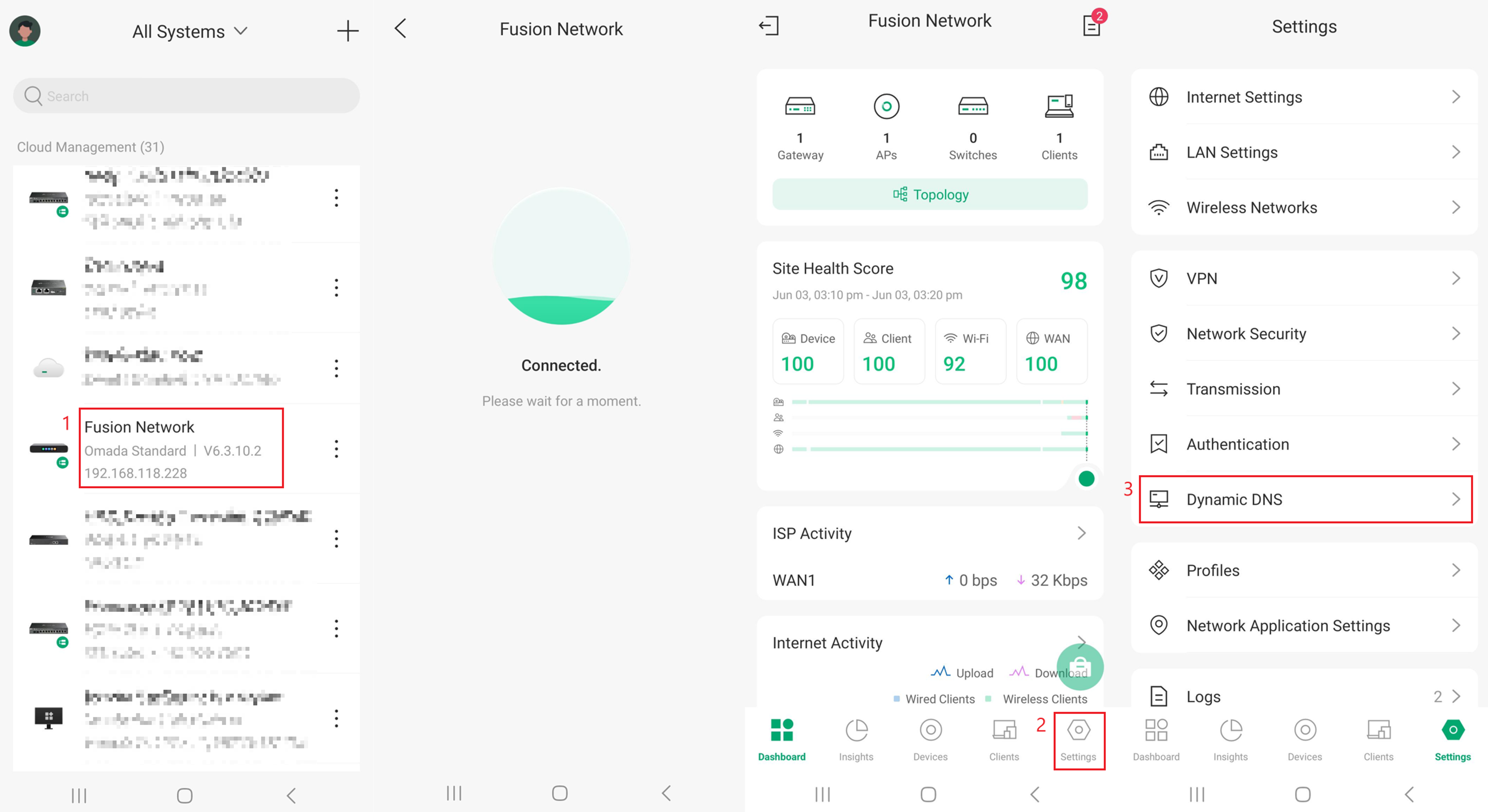 Omada App Fusion Gateway settings page showing the Dynamic DNS menu option.