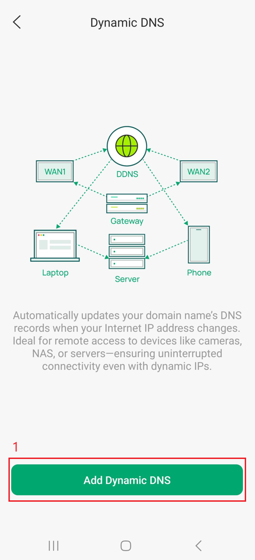 Omada App Dynamic DNS page showing the Add Dynamic DNS button.