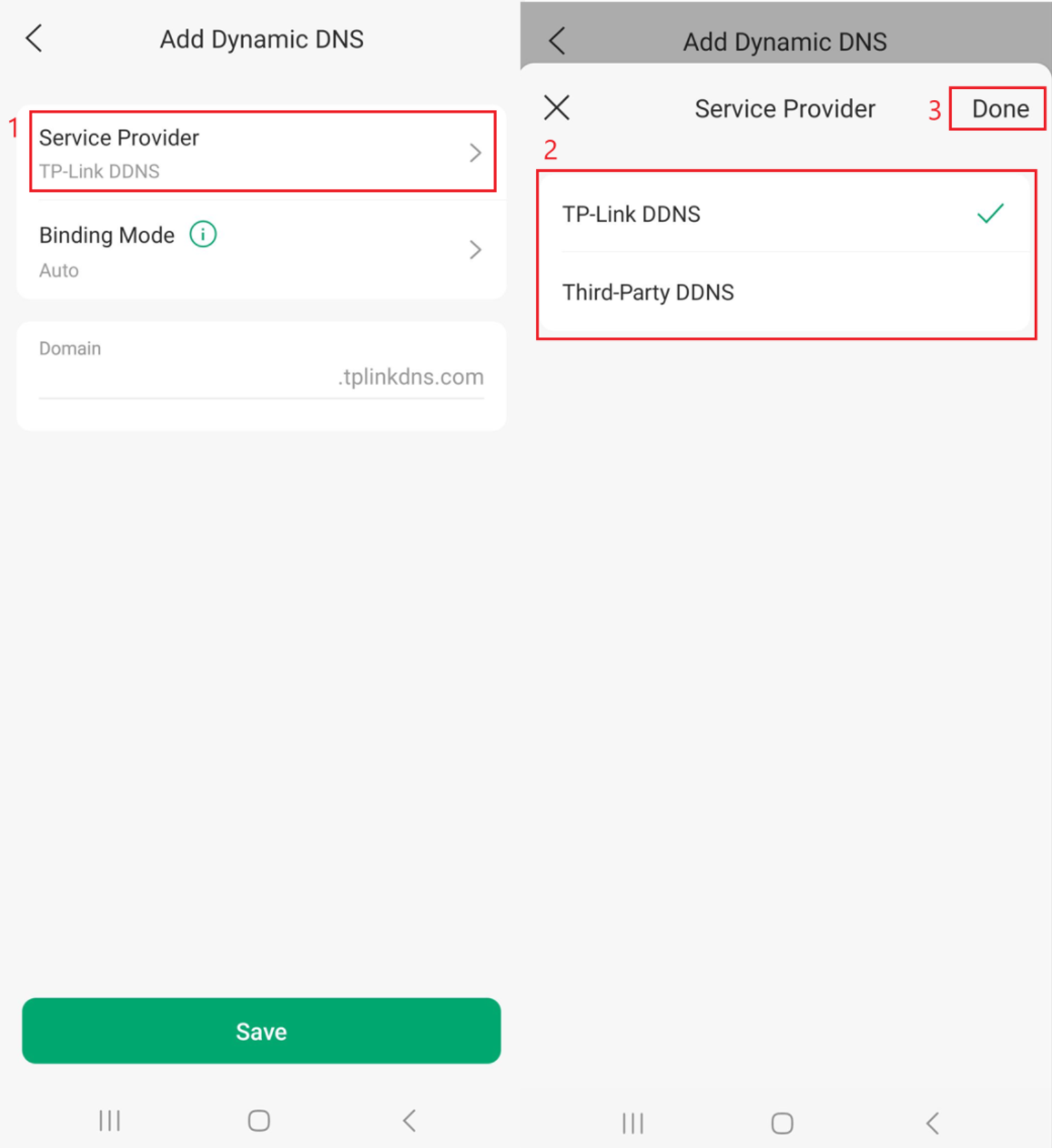 Omada App Service Provider menu showing TP-Link DDNS and Third-Party DDNS.