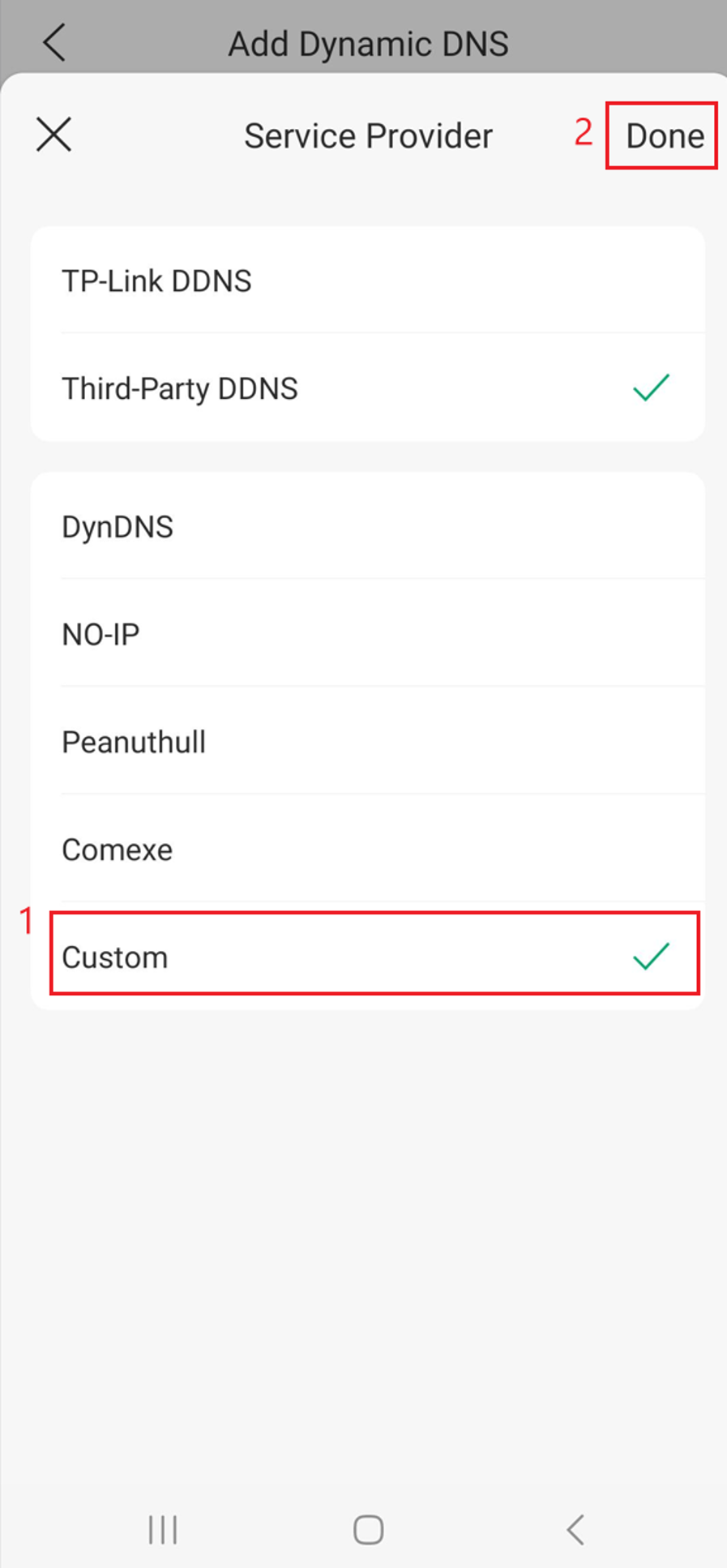 Omada App Service Provider menu showing the available third-party DDNS providers.