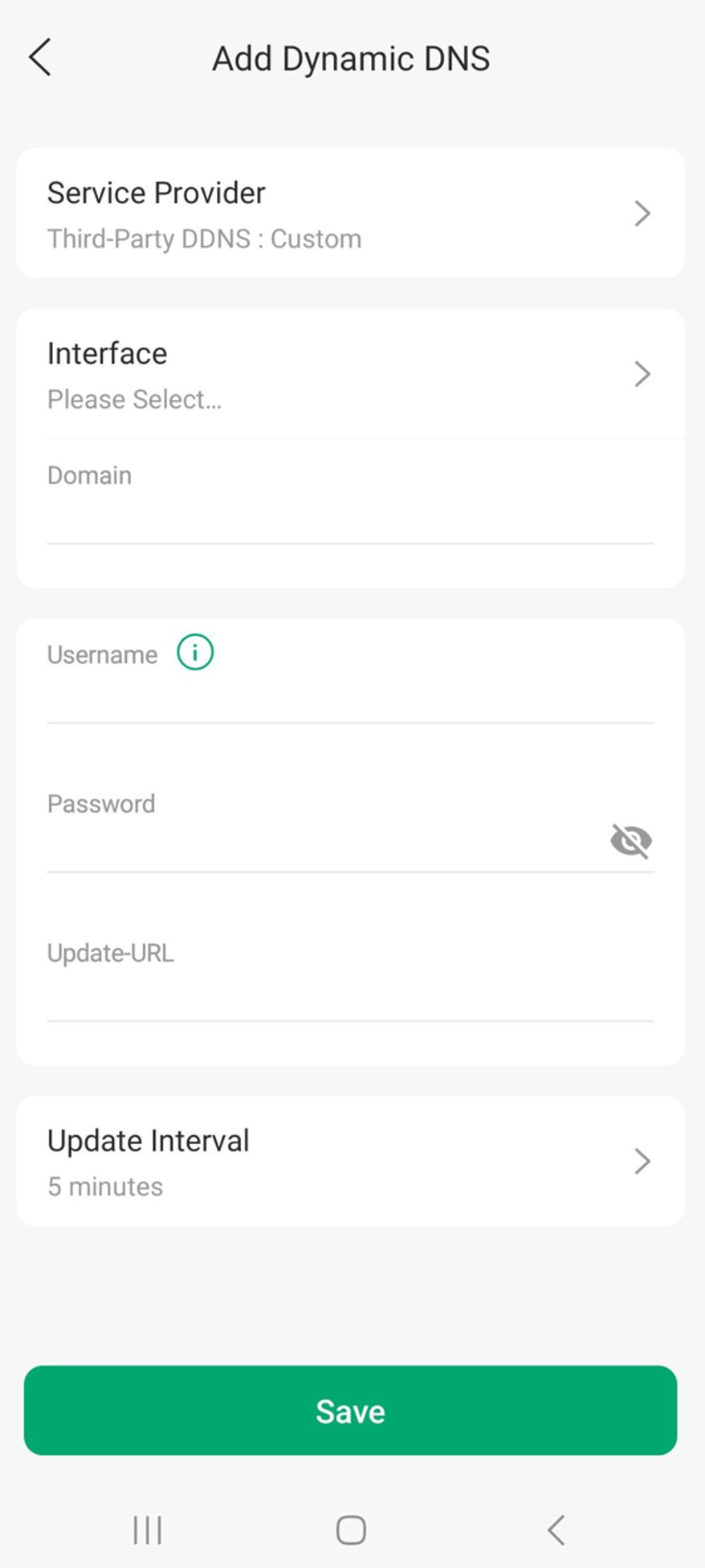 Omada App Custom DDNS settings showing interface, domain, credentials, and update interval.
