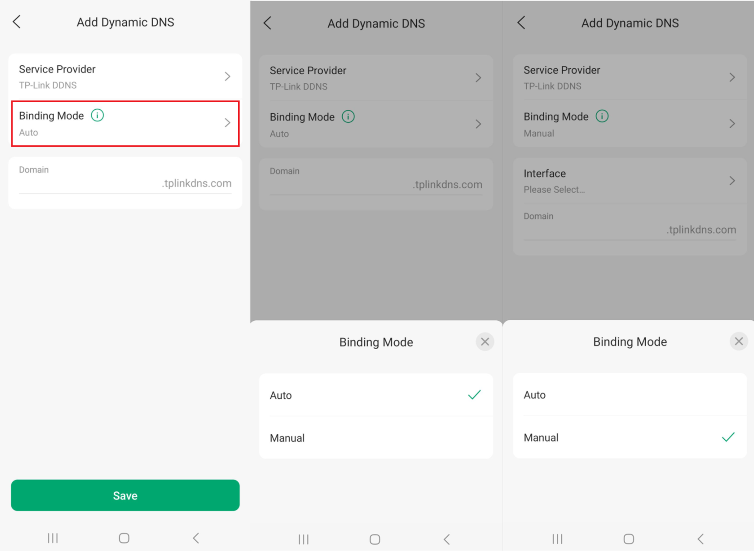 Omada App TP-Link DDNS settings showing Auto and Manual binding modes.