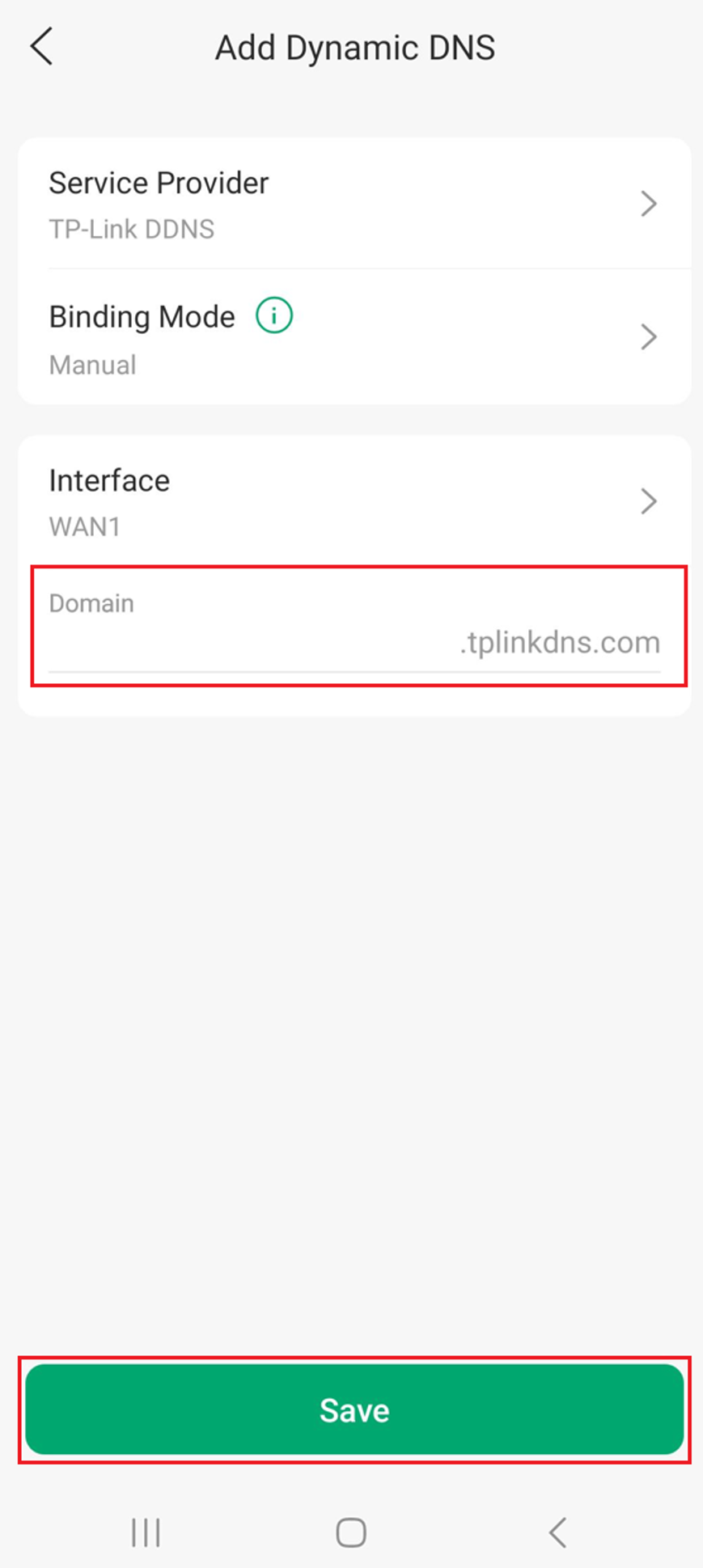 Omada App TP-Link DDNS settings showing the interface, domain field, and Save button.