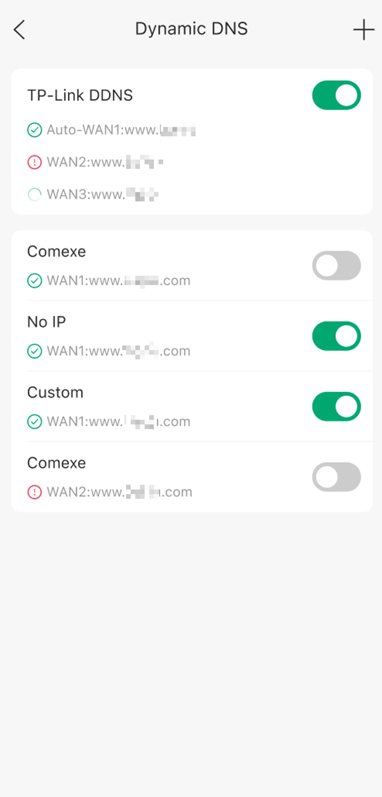 Omada App Dynamic DNS page showing TP-Link and third-party DDNS entries with status icons.