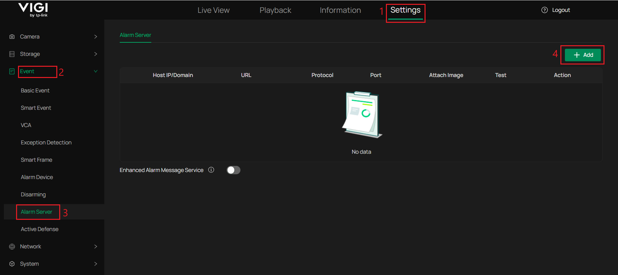 VIGI NVR alarm server settings showing webhook configuration and Add option for remote alarm notifications.