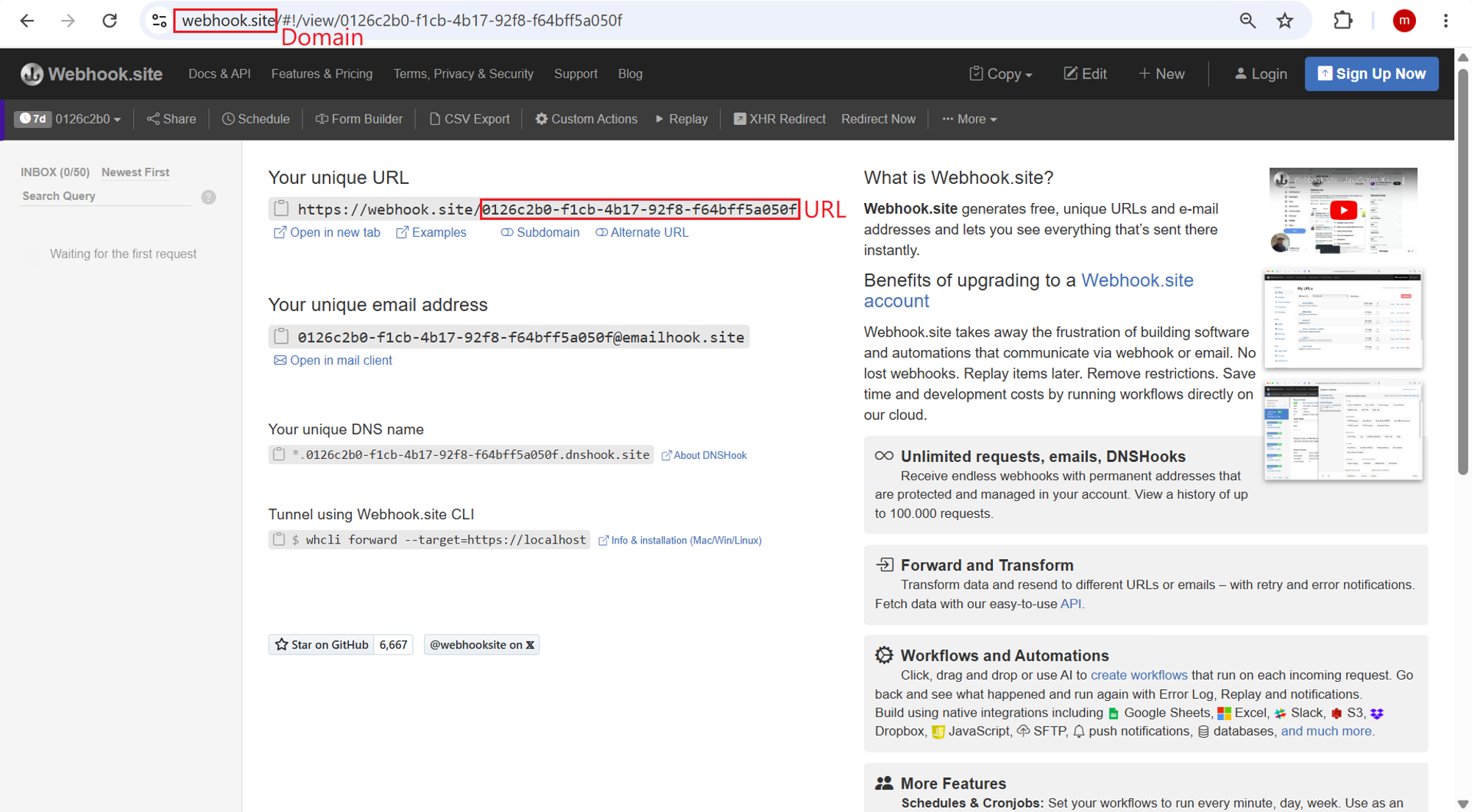 Webhook.site page showing the Alarm Server domain and URL.