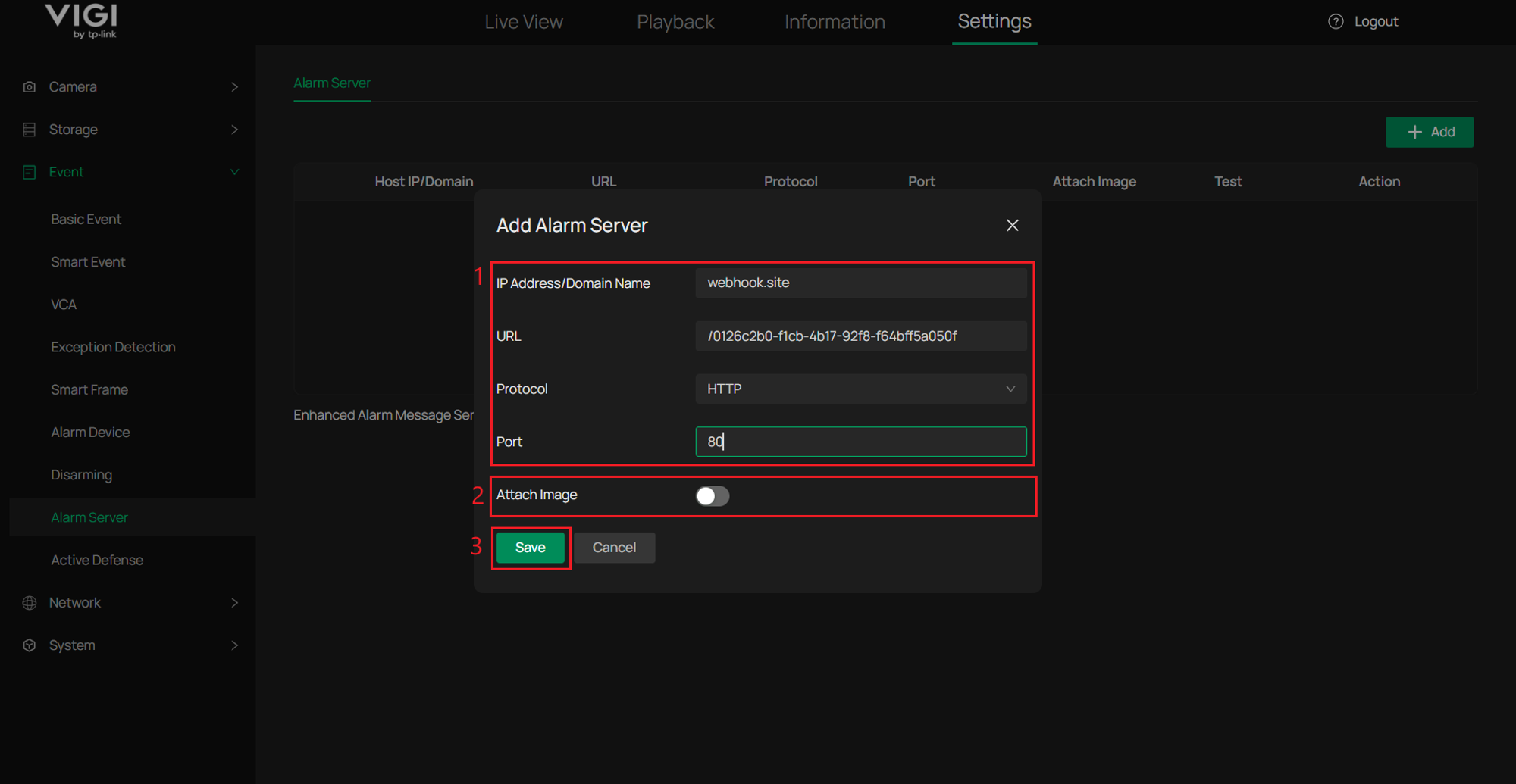 Janela do servidor de alarme VIGI NVR com URL do webhook, protocolo HTTP, porta, anexo de imagem e configurações de salvamento.