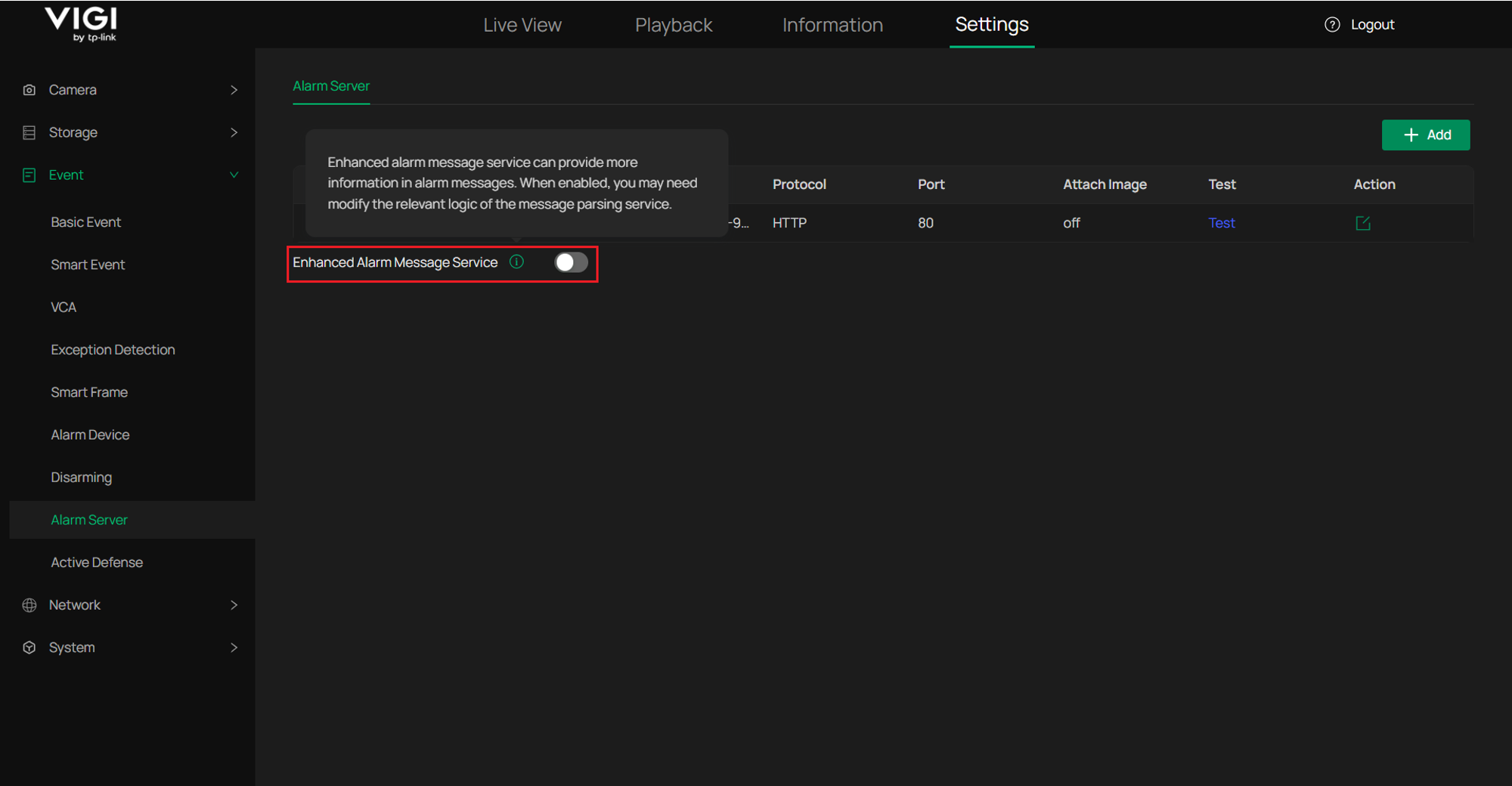 VIGI NVR alarm server settings with Enhanced Alarm Message Service enabled for detailed webhook event notifications.