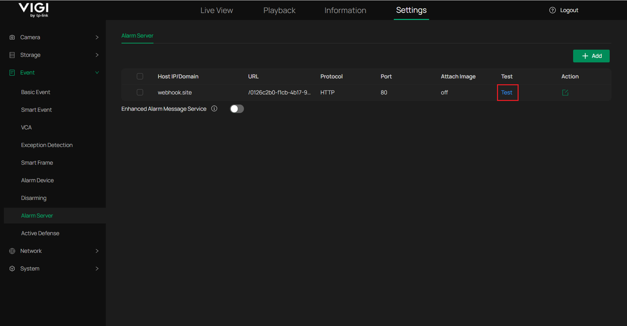 VIGI NVR alarm server page showing webhook settings with a Test option to verify connection status.