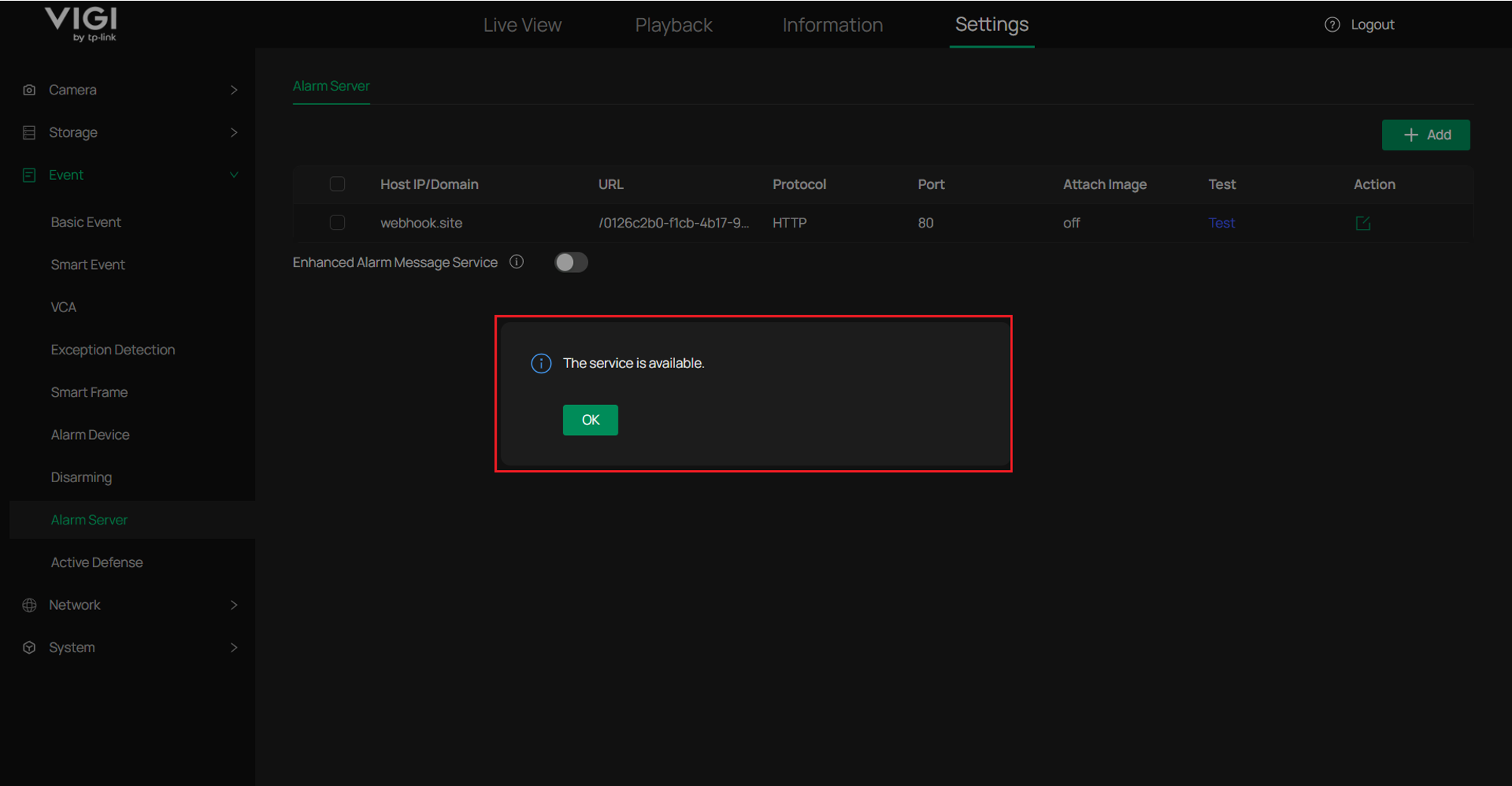 Alt text: VIGI NVR webhook test result showing successful alarm server connection.