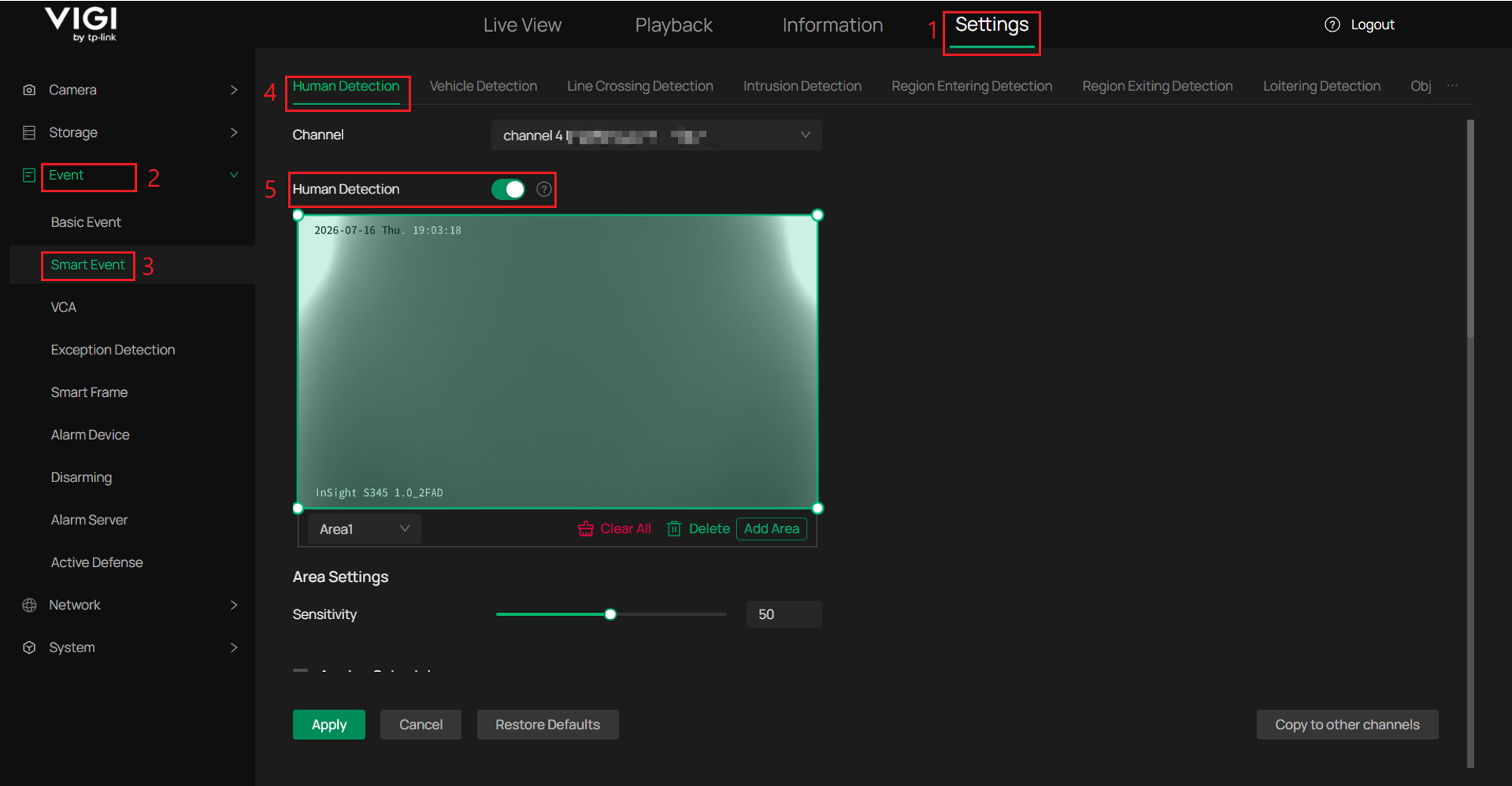 VIGI NVR Smart Event settings showing Human Detection configuration, detection area setup, and sensitivity controls.