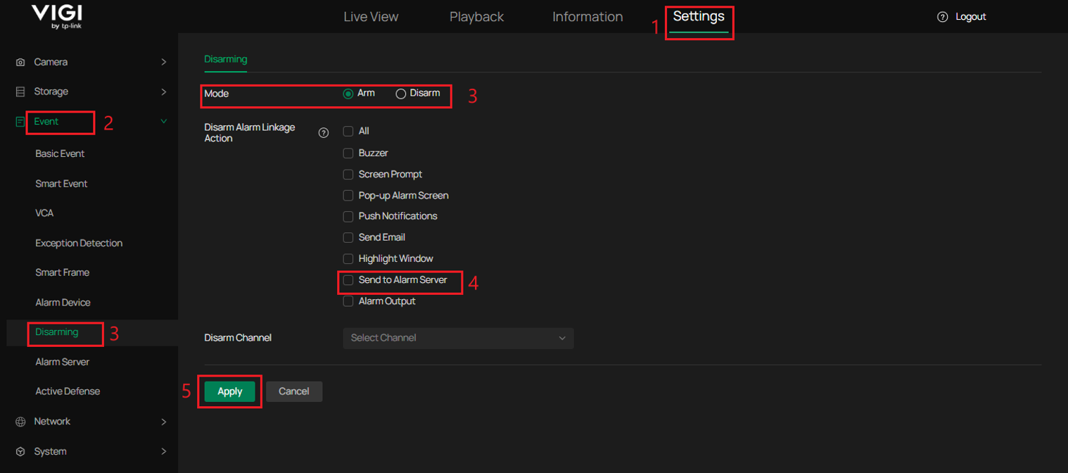 The Disarming page with Mode set to Arm and Send to Alarm Server not selected.