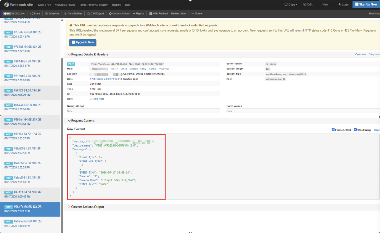 Webhook.site dashboard showing VIGI NVR alarm data received via webhook in JSON format.