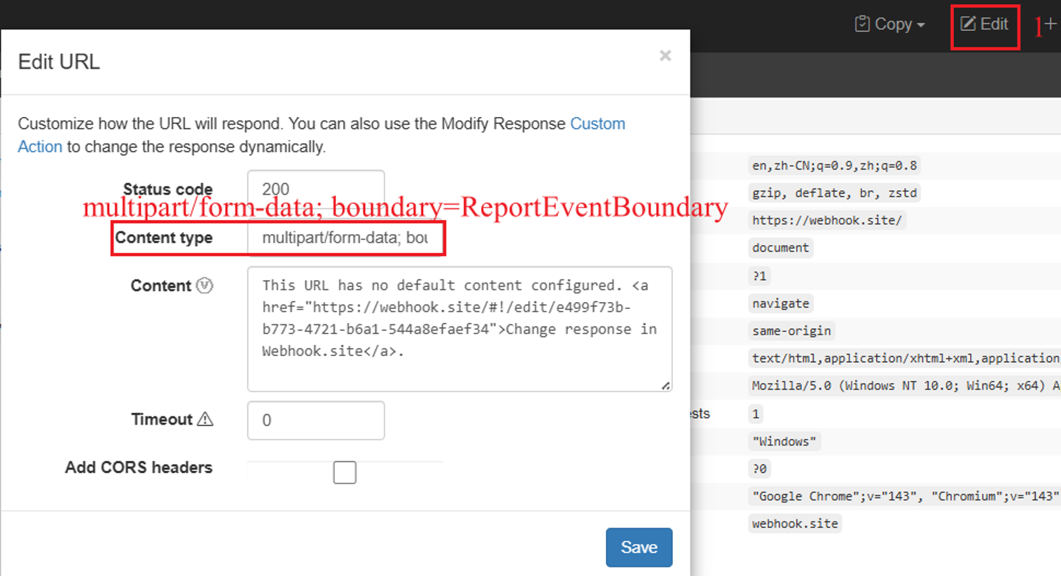 Webhook.site settings changing the response Content-Type to multipart/form-data.