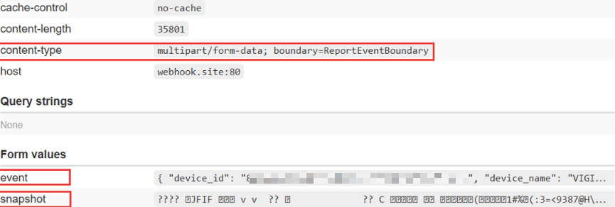 Webhook.site displays received event data and snapshot content for verification.