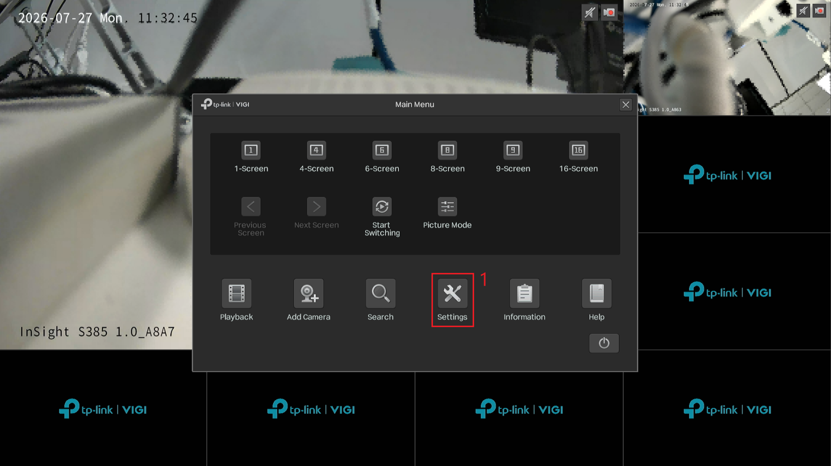 VIGI NVR Main Menu with Settings highlighted from the Live View screen