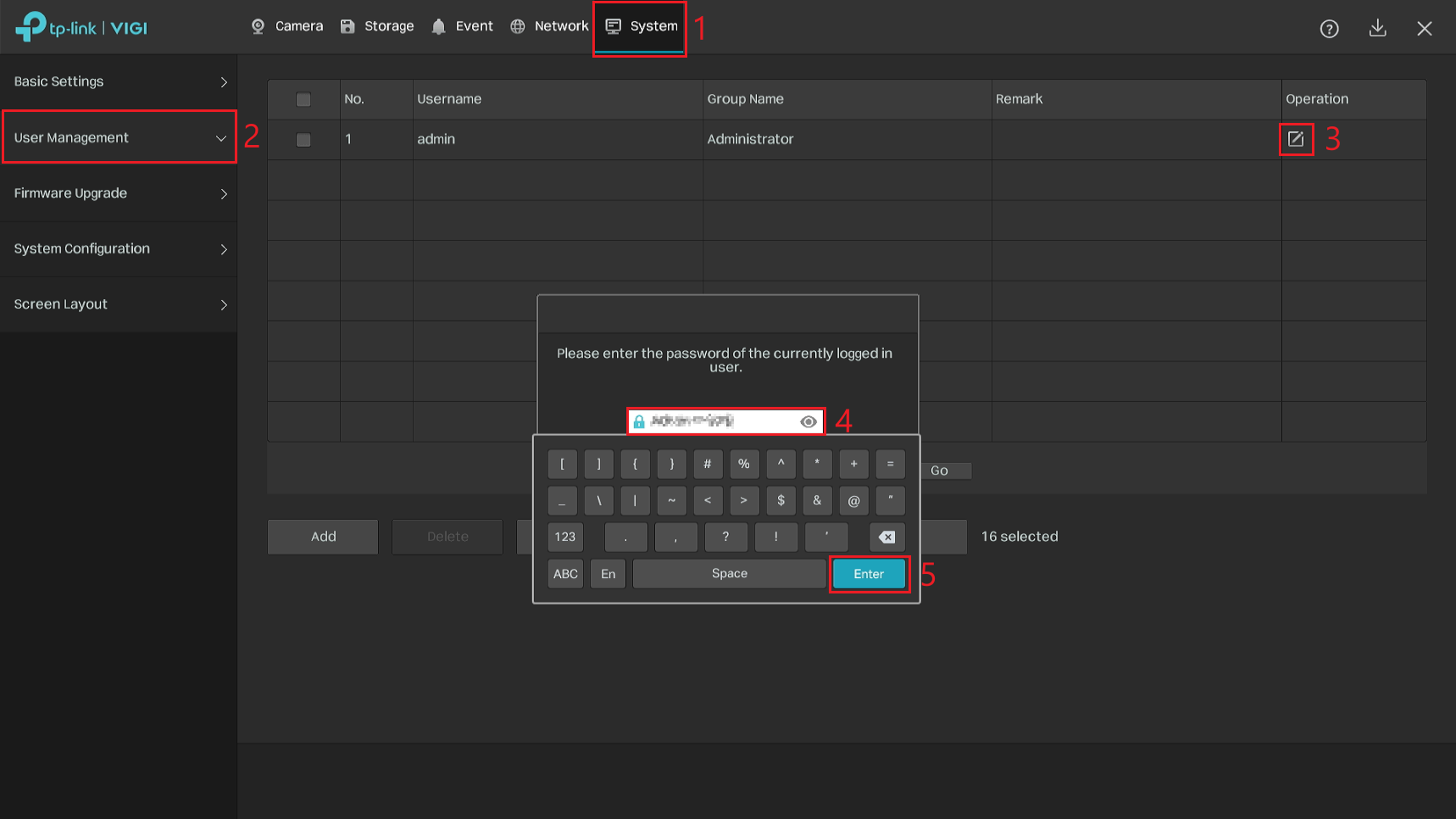 VIGI NVR User Management page with the Edit icon and administrator password prompt