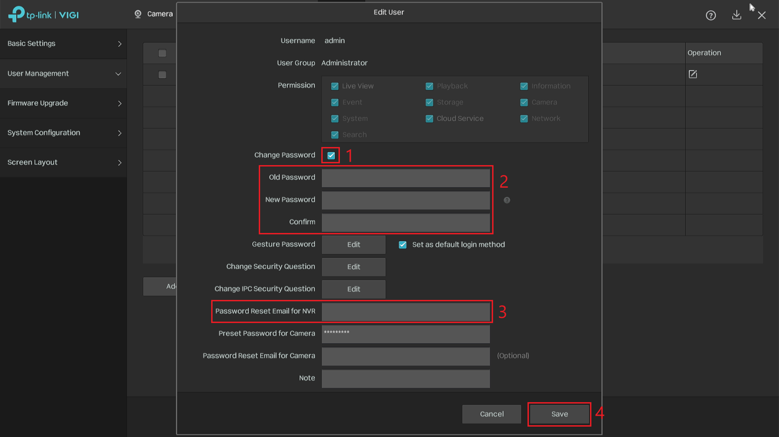 VIGI NVR Edit User screen showing password fields and the Password Reset Email for NVR field