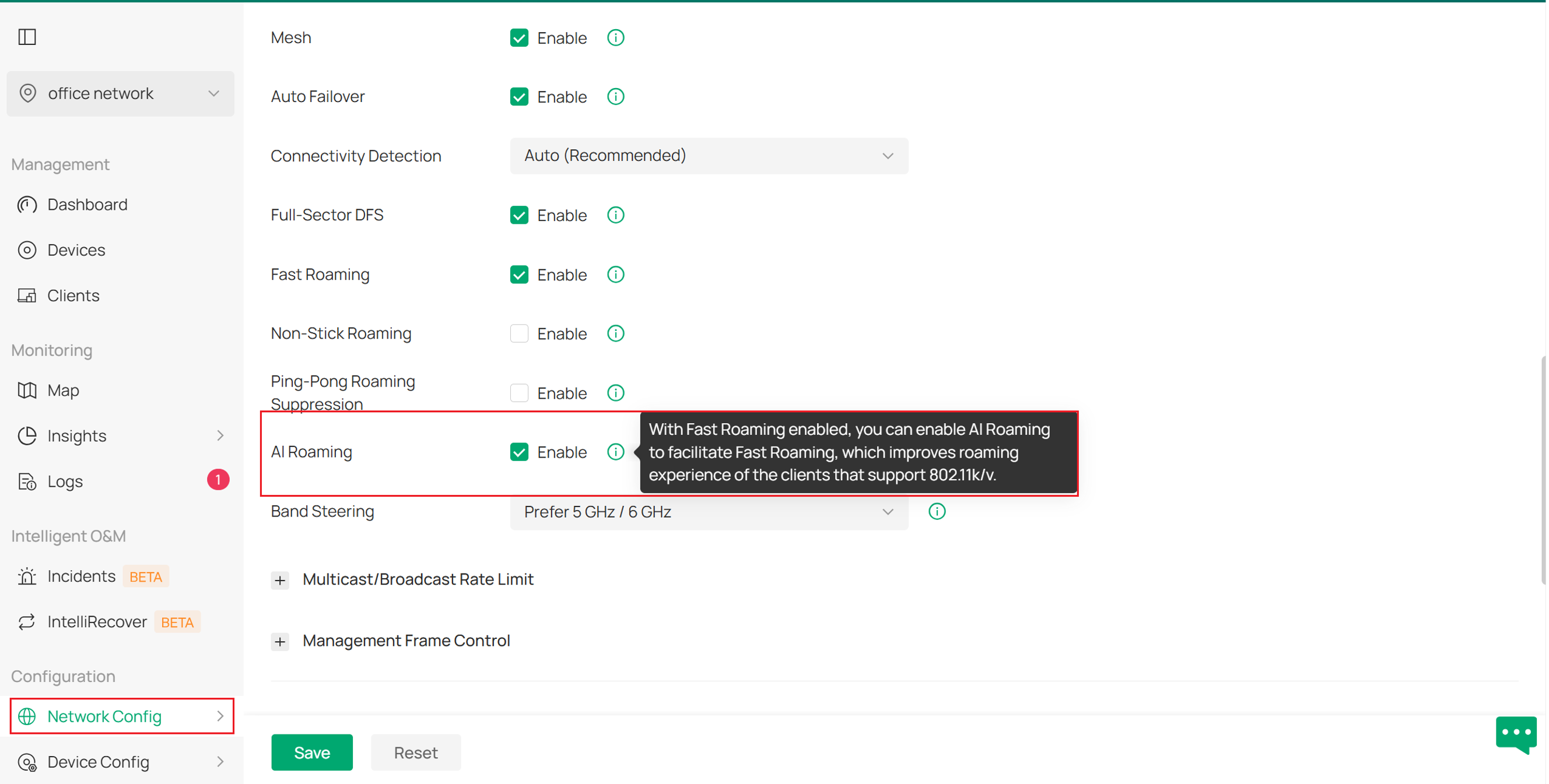 AI roaming can be activated in Network Config > Site settings > Wireless features to help.