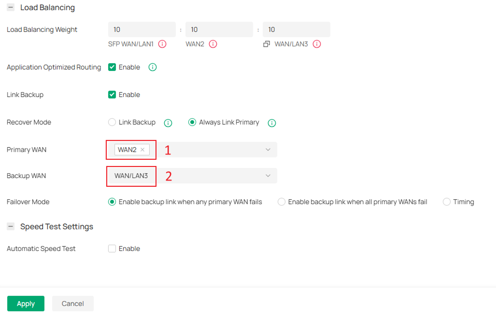 Omada Controller Link Backup settings showing WAN2 as the Primary WAN and WAN/LAN3 as the Backup WAN.