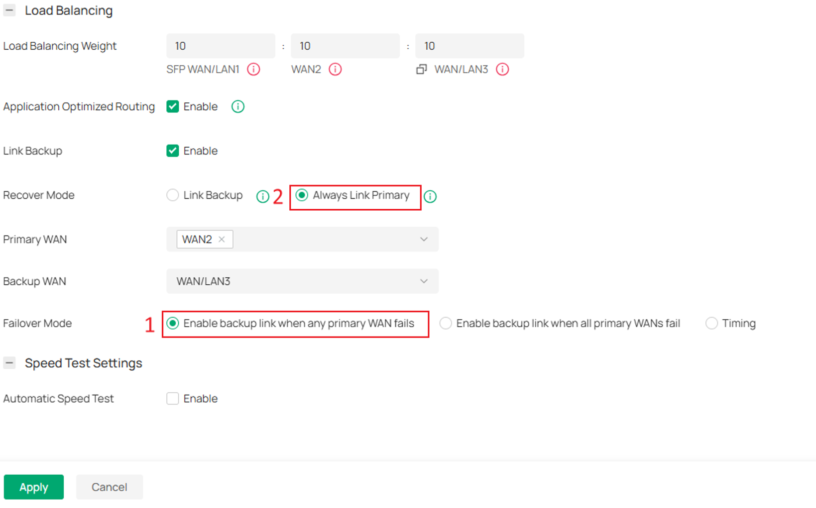 Omada Controller Link Backup settings showing Recover Mode: Always Link Primary and Failover Mode: Any primary WAN fails.