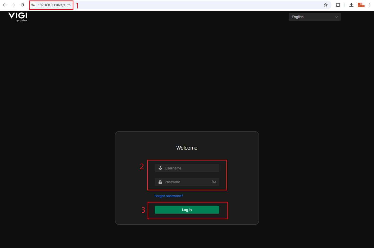 NVR login page shows the IP address, username and password fields, and Log In button.