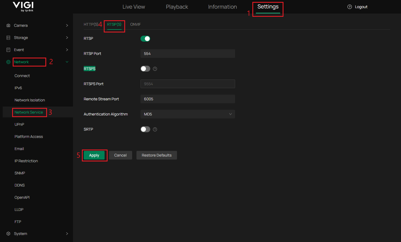 VIGI NVR web interface showing RTSP enabled on port 554, with RTSPS and SRTP disabled.