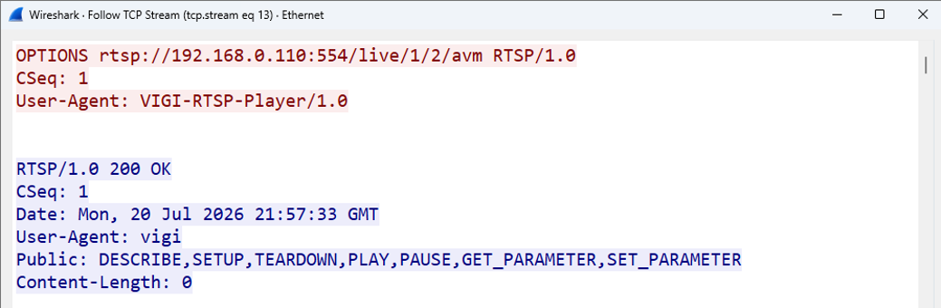 VIGI NVR RTSP OPTIONS request and 200 OK response listing supported RTSP methods.