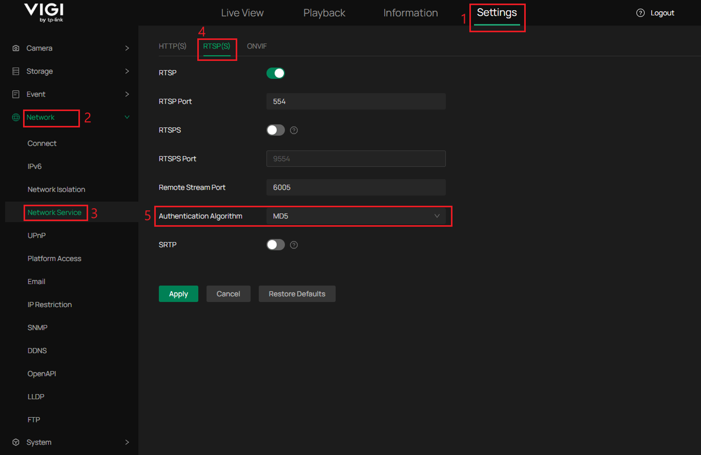 VIGI NVR RTSP Settings Page Showing MD5 Authentication Configuration.
