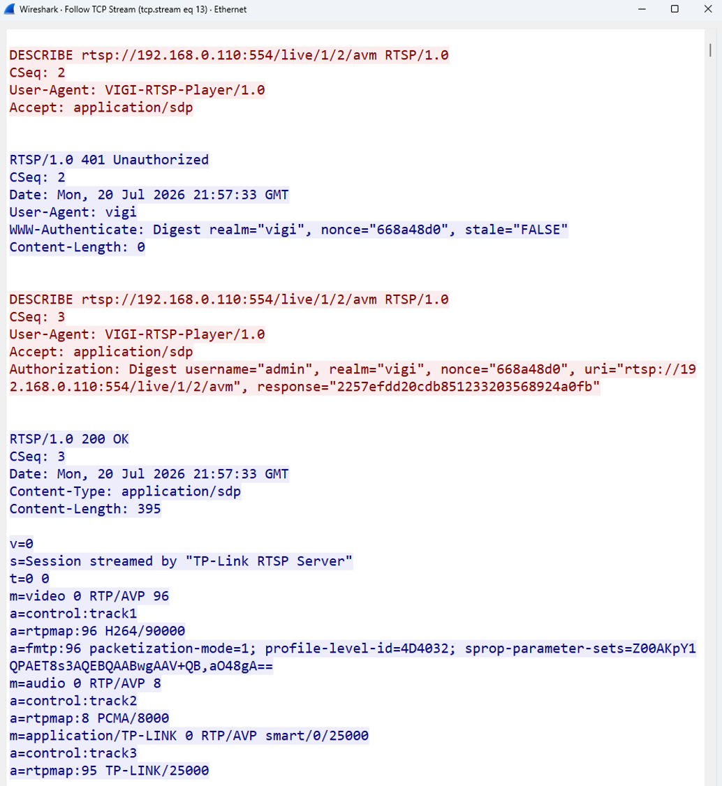 Wireshark capture showing RTSP Digest authentication exchange and SDP response from VIGI NVR.
