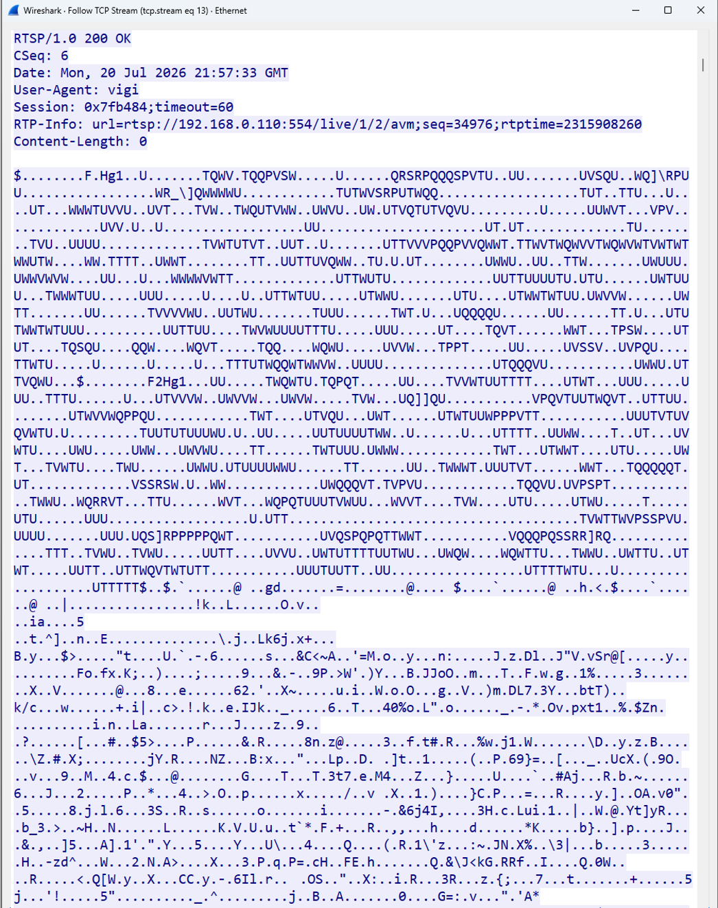 Wireshark capture showing RTSP PLAY response and interleaved RTP/RTCP media over TCP from VIGI NVR.