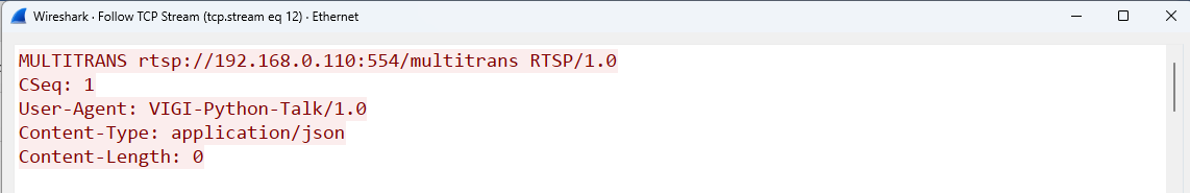 Wireshark Follow TCP Stream showing an unauthenticated MULTITRANS request over a separate Talk RTSP connection.
