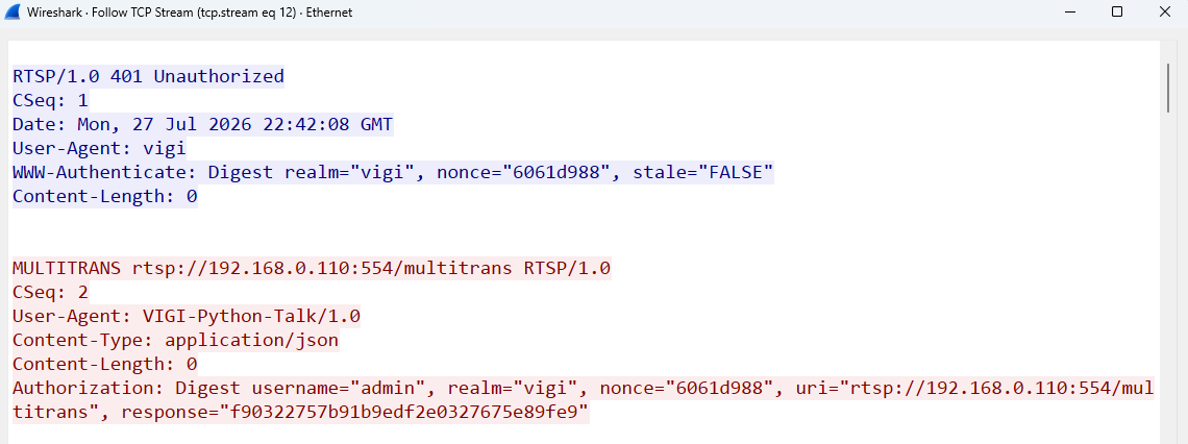 Wireshark Follow TCP Stream showing a 401 Digest challenge followed by an authenticated MULTITRANS request.