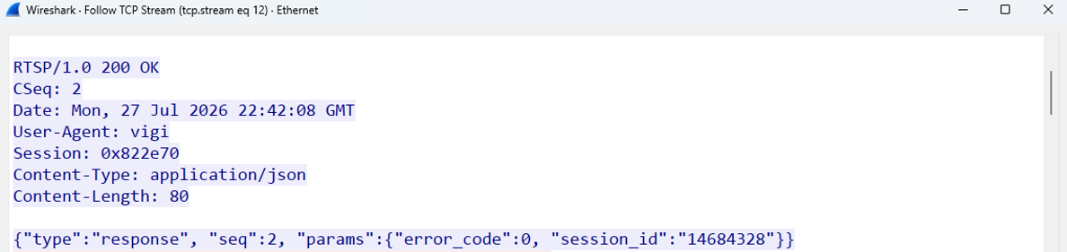 Wireshark Follow TCP Stream showing a 200 OK response with the RTSP Session and successful Talk session ID.