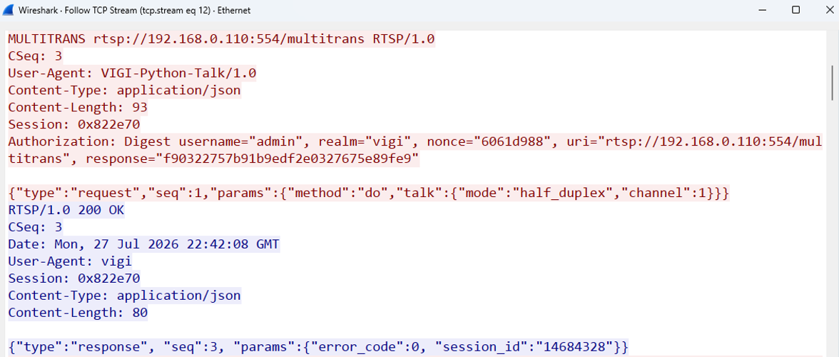 Wireshark Follow TCP Stream showing a half-duplex Talk command for channel 1 and a successful 200 OK response.