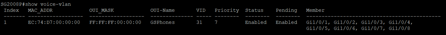 Commend window display a show voice-vlan result
