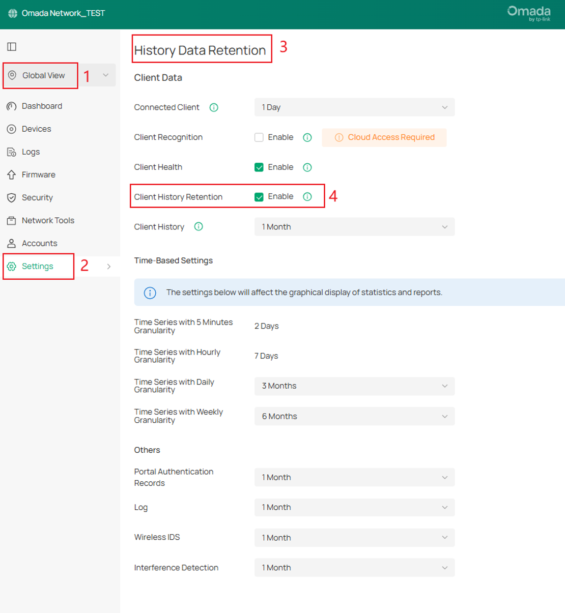 Omada Controller screenshot showing Global View > Settings > History Data Retention, with Client History Retention enabled.