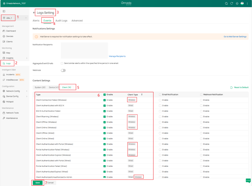 Omada Controller screenshot showing wireless client event logs enabled under Site View > Logs > Events > Client.