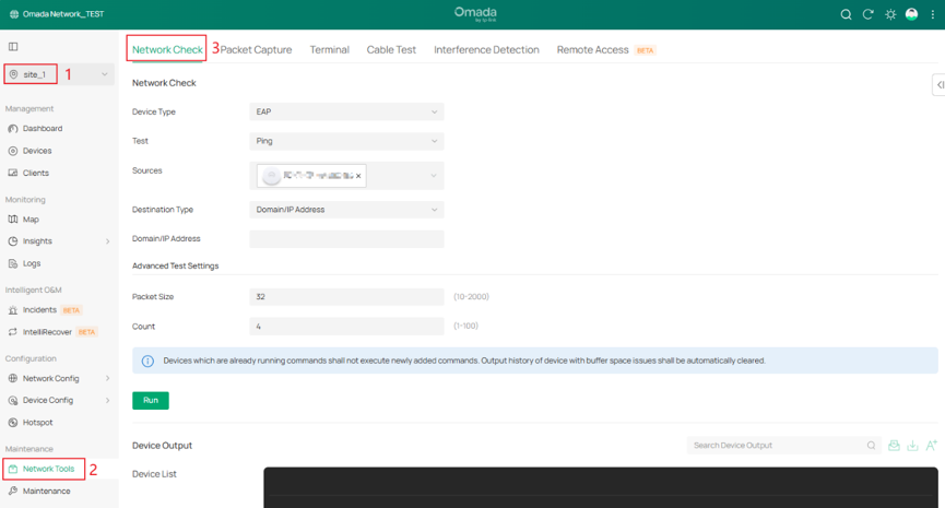 Omada Controller screenshot showing Network Tools > Network Check, with Ping selected to test the VLAN gateway IP.