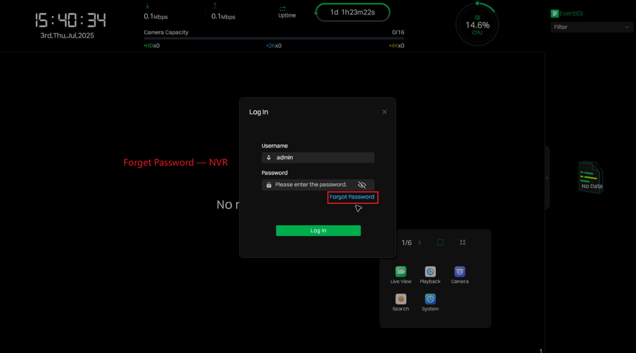 the entrance to reset the NVR's password.