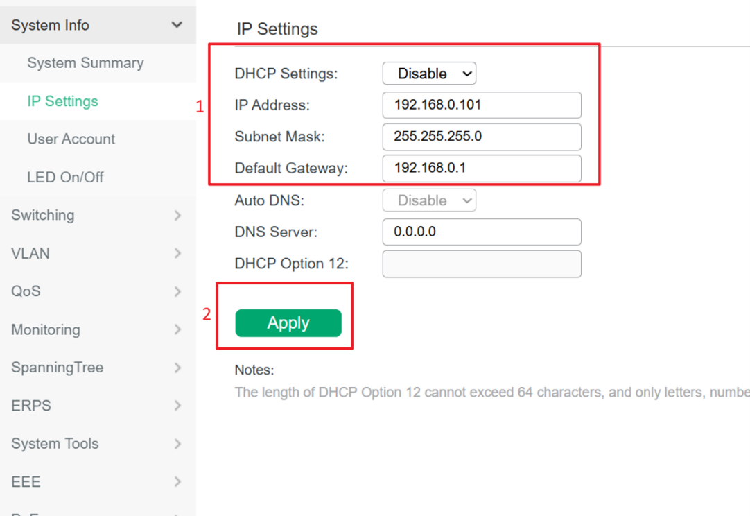 Shows the location for modifying the default IP of the switch.