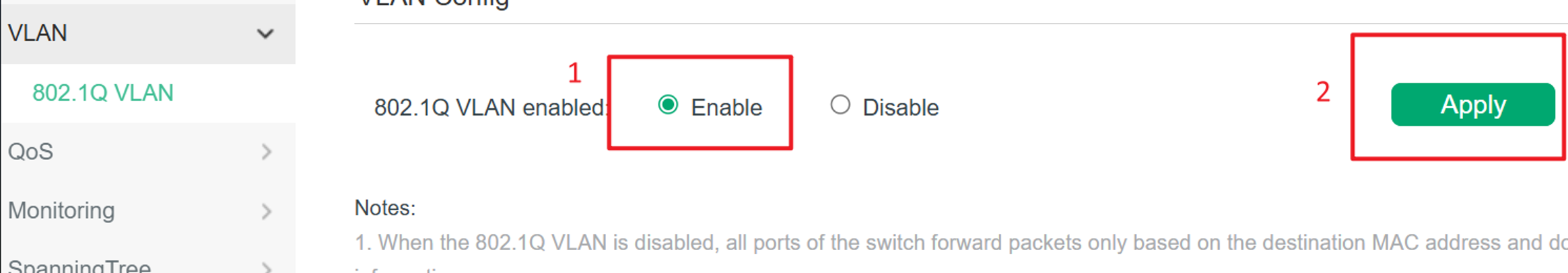 shows how to enable the 802.1q function on the switch.