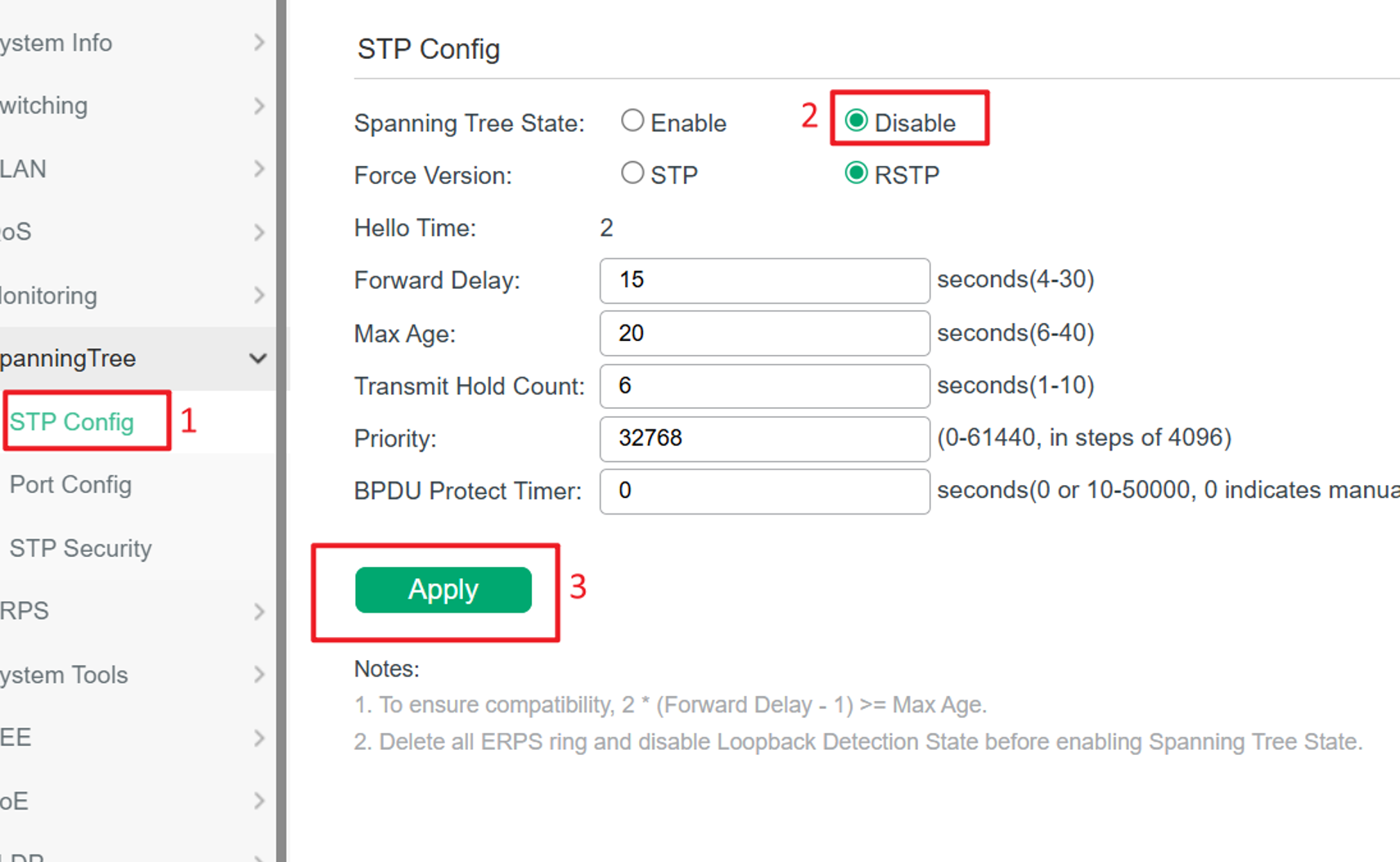 Location of the global STP configuration settings.