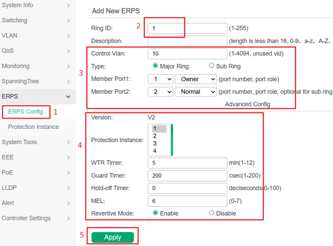 ERPS configuration page for creating a new ERPS ring, including parameters such as Ring ID, Control VLAN, Ring Type, Member Ports, Protection Instance, and related ERPS timers.
