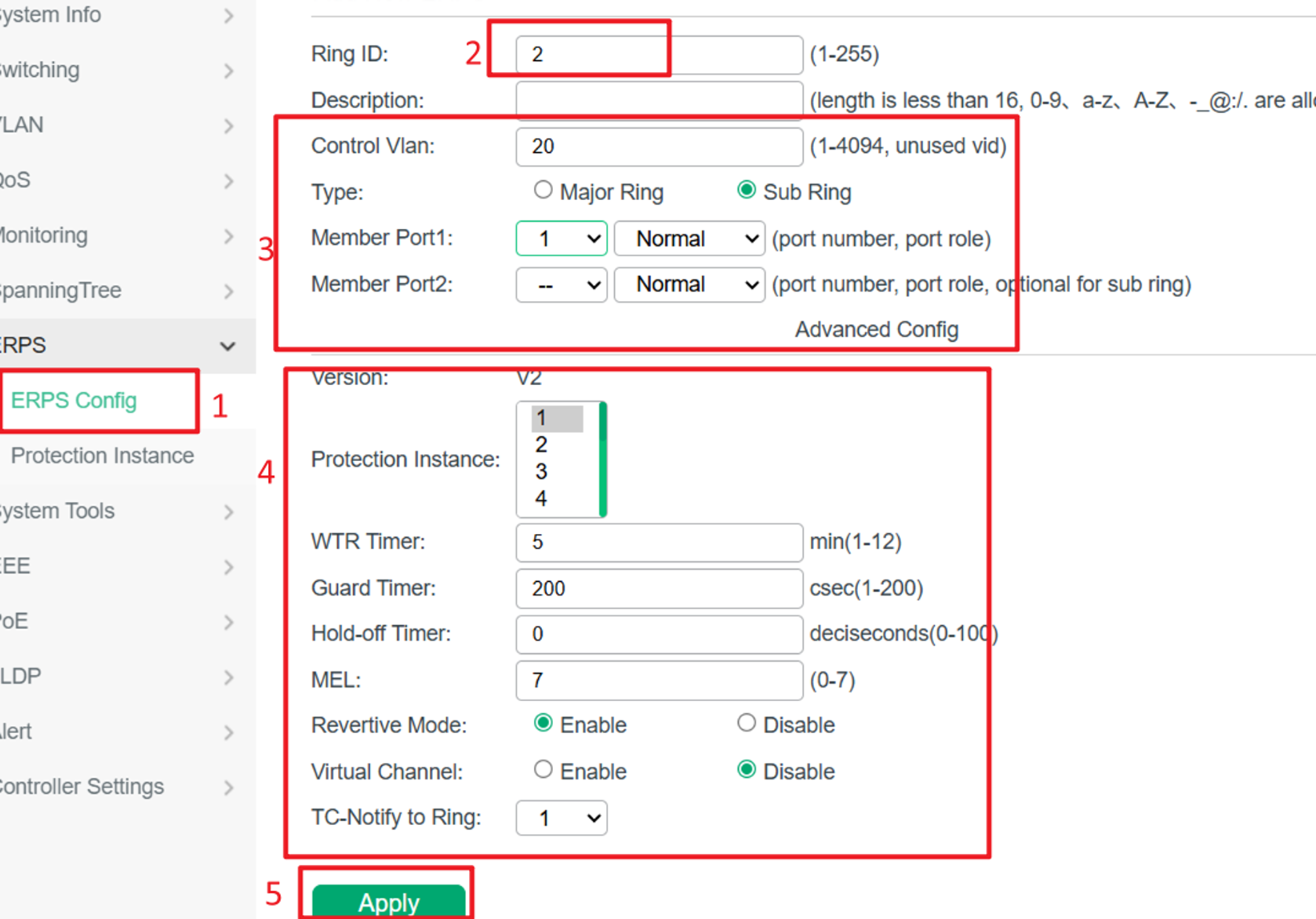 Sub-ring configuration on an interconnection node. Only one member port is required for the sub-ring instance.