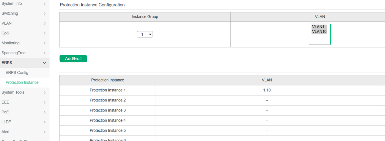 Protection Instance Configuration page showing Protection Instance 1 associated with VLAN 1 and VLAN 10.