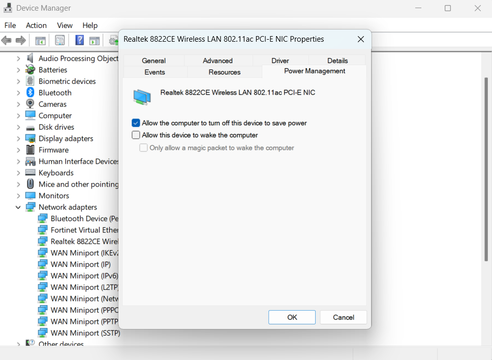 The Power Management setting on the device manager.