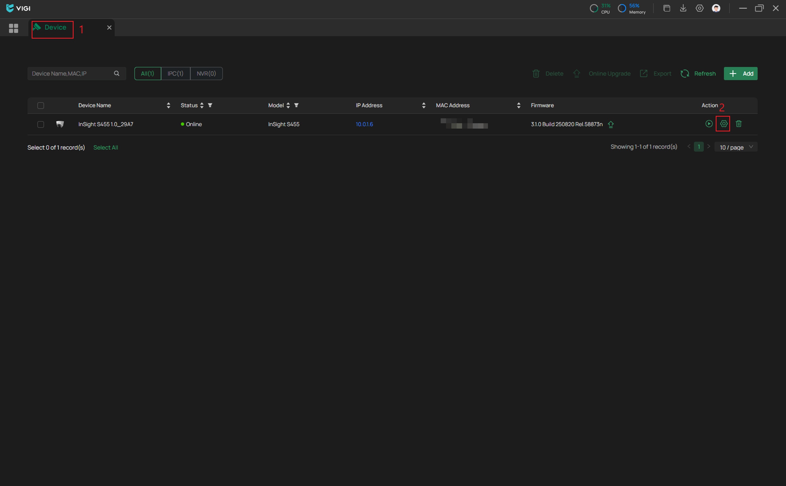 Navigating to the Settings menu of the VIGI IPC.