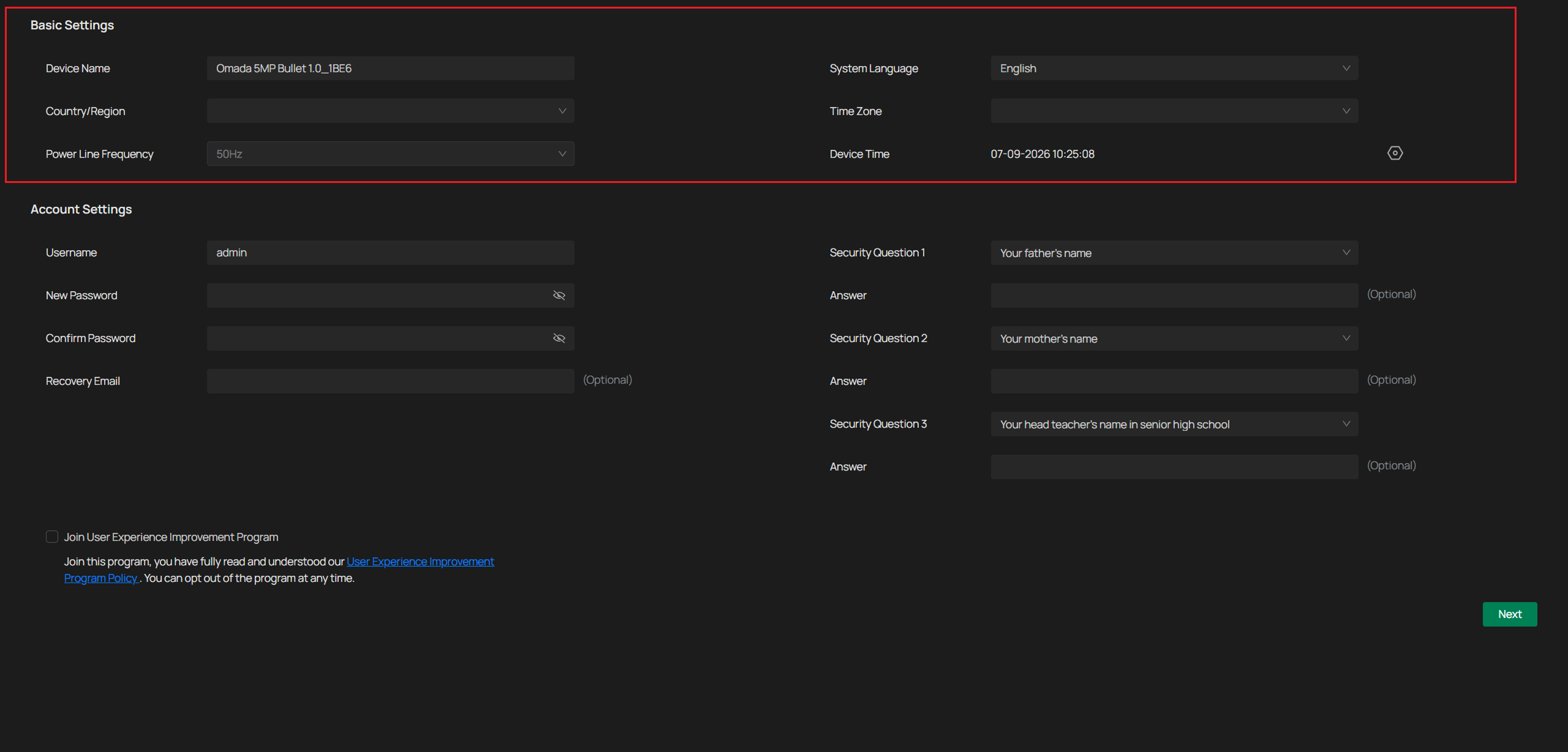 Location of basic settings.