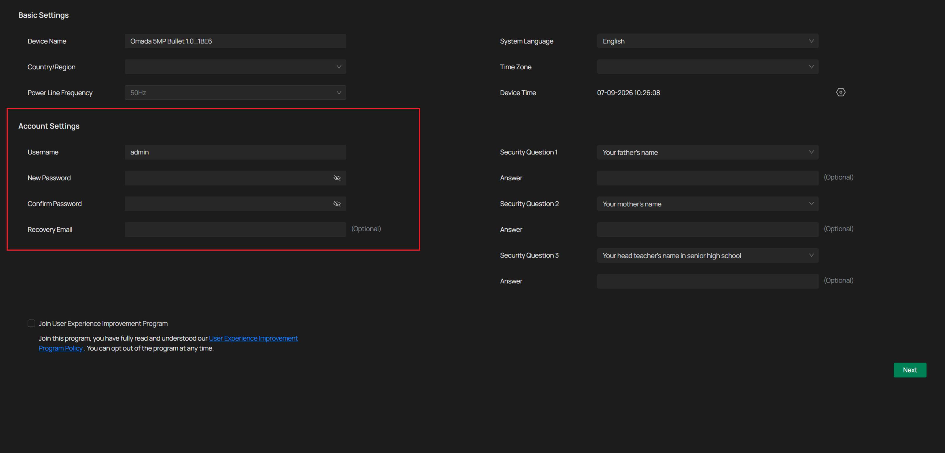 Location to set account settings.